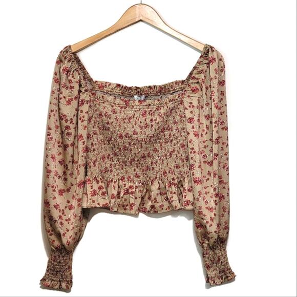 LUSH Floral Peplum Top Smocked Front Square Neckline Long Sleeve Size M - Picture 11 of 11